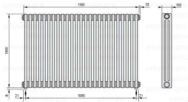 Схема (чертеж) Радиатор Zehnder Charleston 3180/25 №5310 Белый глянцевый RAL 9016